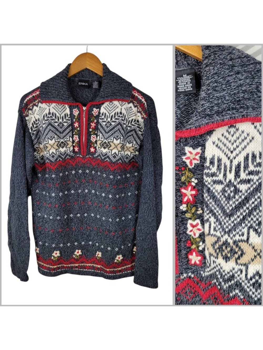 Erika Sweater Nordic Snowflake Floral Embroidered Medium Icelandic Vintage